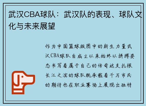 武汉CBA球队：武汉队的表现、球队文化与未来展望