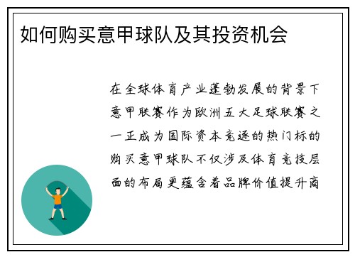 如何购买意甲球队及其投资机会